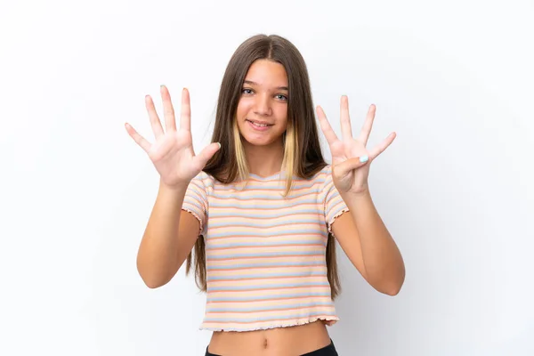 Little Caucasian Girl Isolated White Background Counting Nine Fingers — Stock Photo, Image