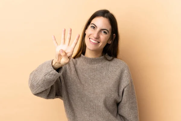 Jonge Kaukasische Vrouw Geïsoleerde Achtergrond Gelukkig Tellen Vier Met Vingers — Stockfoto