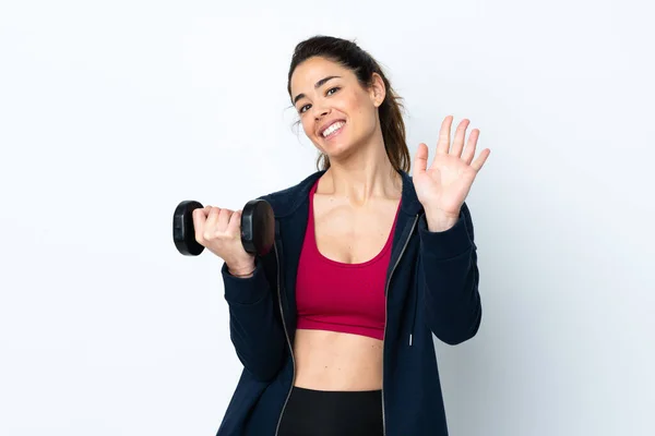 Sportlerin Beim Gewichtheben Vor Isoliertem Weißem Hintergrund Salutiert Mit Glücklicher — Stockfoto