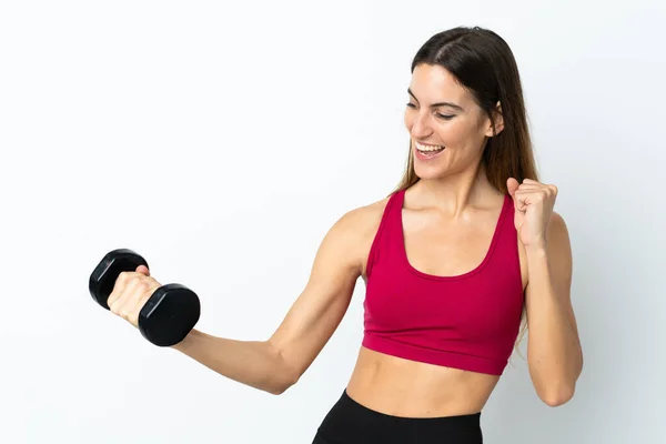 Sport Woman Making Weightlifting Isolated White Background Celebrating Victory — Stock Photo, Image