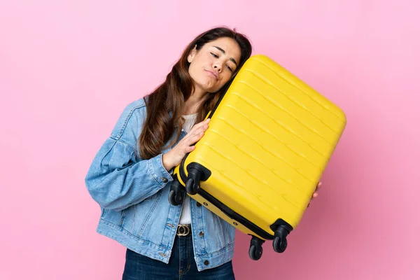 Mujer Sobre Fondo Azul Aislado Vacaciones Con Maleta Viaje Infeliz — Foto de Stock