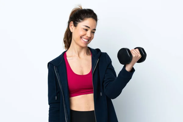 Esporte Mulher Fazendo Levantamento Peso Sobre Fundo Branco Isolado Com — Fotografia de Stock