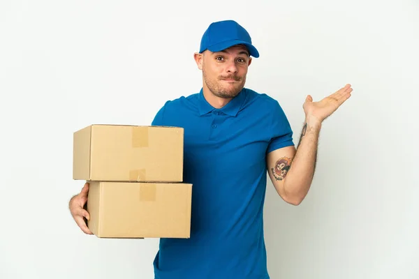 Delivery Caucasian Man Isolated White Background Having Doubts While Raising — Stock Photo, Image