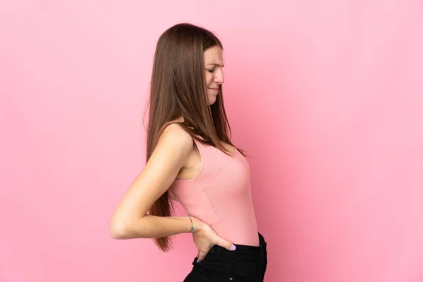 Young Caucasian Woman Isolated Pink Background Suffering Backache Having Made — Stock Photo, Image