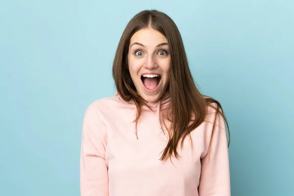 Young Caucasian Woman Isolated Blue Background Surprise Facial Expression — Stock Photo, Image