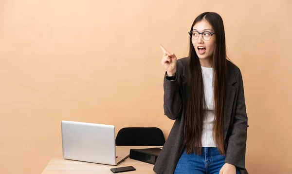 Kinesiska Affärskvinna Sin Arbetsplats Som Har För Avsikt Att Förverkliga — Stockfoto