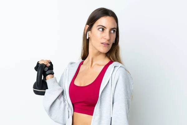 Young Sport Woman Isolated Background Making Weightlifting Kettlebell — Stock Photo, Image