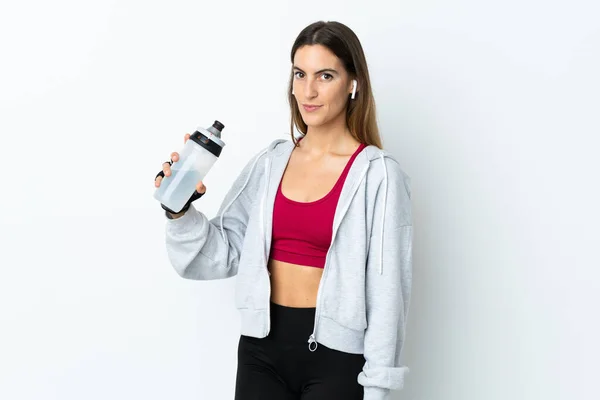 Mujer Deportiva Joven Sobre Fondo Aislado Con Botella Agua Deportiva —  Fotos de Stock