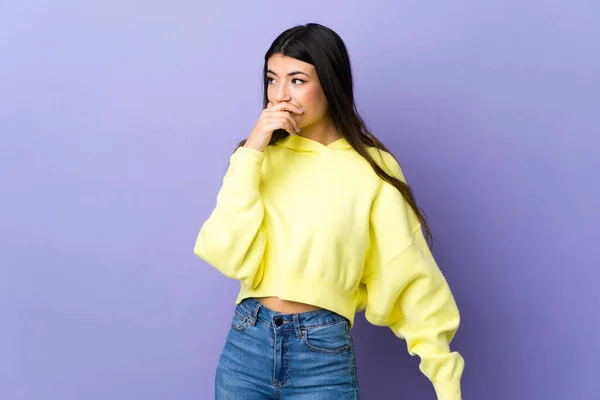 Young Brunette Woman Isolated Purple Background Doing Surprise Gesture While — Stock Photo, Image