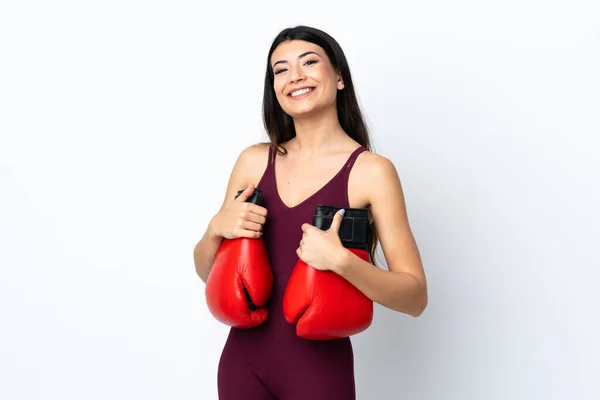 Jeune Femme Sportive Sur Fond Blanc Isolé Avec Gants Boxe — Photo