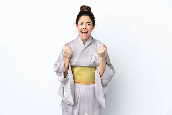 Mujer Usando Kimono Sobre Fondo Aislado Frustrada Por Una Mala —  Fotos de Stock