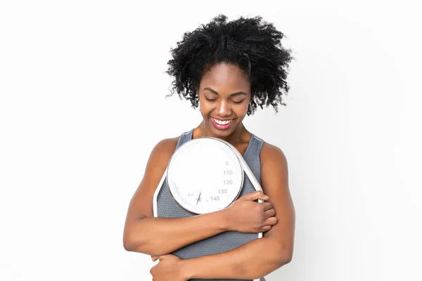 Young African American Woman Isolated White Background Weighing Machine — Stock Photo, Image