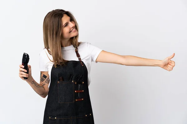 Mladý Hairdresser Slovenské Žena Izolovaný Bílý Pozadí Dávat Palec Nahoru — Stock fotografie