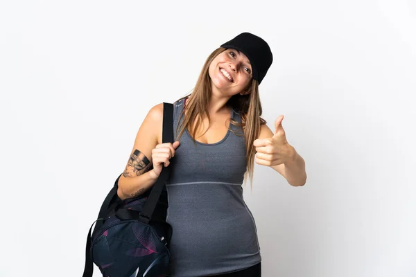 Junge Slowakische Sportlerin Mit Sporttasche Über Isoliertem Hintergrund Mit Erhobenem — Stockfoto