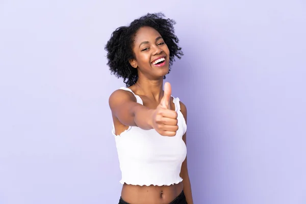 Young African American Woman Isolated Purple Background Thumbs Because Something — Stock Photo, Image