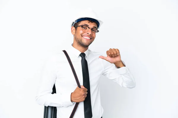 Arquitecto Brasileño Hombre Con Casco Celebración Planos Orgullosos Satisfechos — Foto de Stock