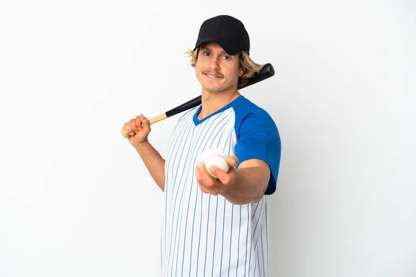 Junger Blonder Mann Isoliert Auf Weißem Hintergrund Baseball Spielend — Stockfoto