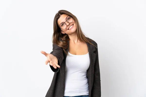 Business Slovak Woman Isolated White Background Shaking Hands Closing Good — Φωτογραφία Αρχείου