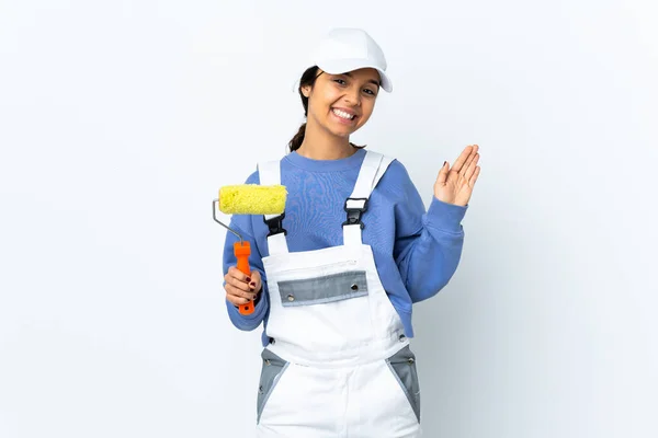 Painter Woman Isolated White Background Saluting Hand Happy Expression — Stock Photo, Image