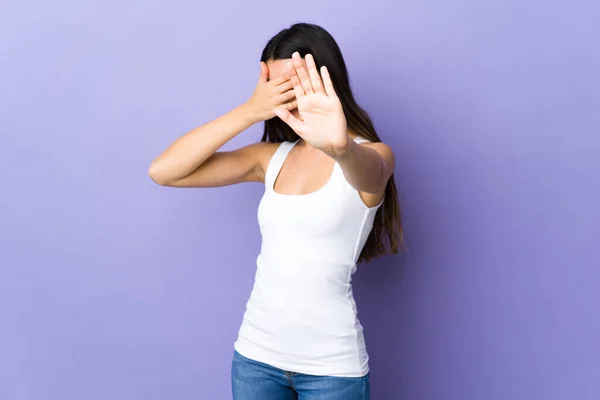 Young Brunette Woman Isolated Purple Background Making Stop Gesture Covering — Stock Photo, Image