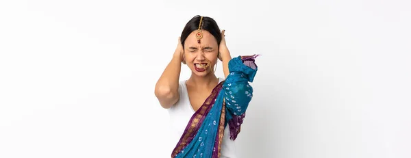 Young Indian Woman Isolated White Background Frustrated Covering Ears — Stock Photo, Image