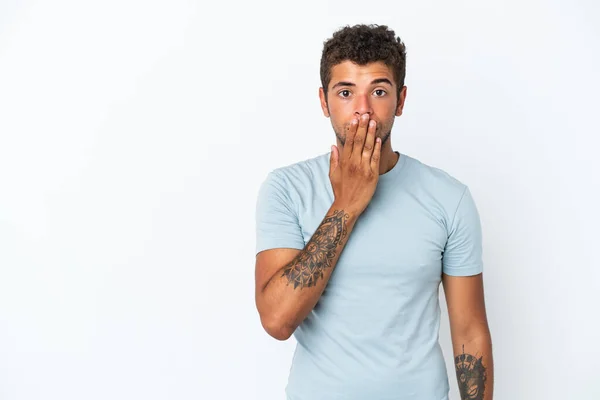 Young Handsome Brazilian Man Isolated White Background Covering Mouth Hand — Stock Photo, Image