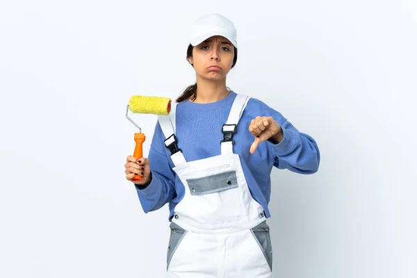 Painter Woman Isolated White Background Showing Thumb Negative Expression — Stock Photo, Image