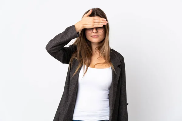 Business Slovak Woman Isolated White Background Covering Eyes Hands Want — Stock Photo, Image