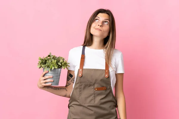 Tuinier Vrouw Houden Van Een Plant Geïsoleerd Roze Achtergrond Zoek — Stockfoto