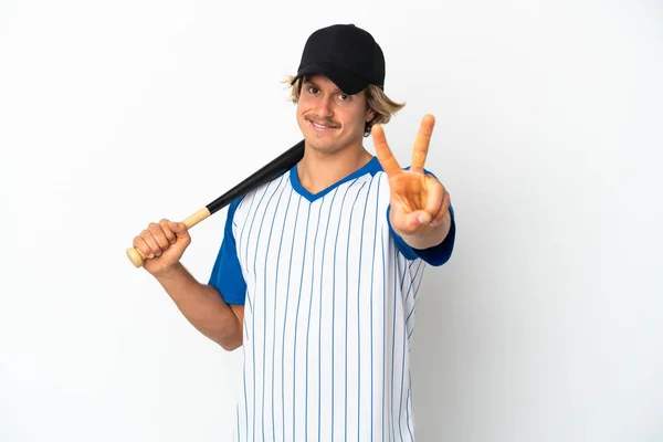 Young Blonde Man Playing Baseball Isolated White Background Smiling Showing — Stock Photo, Image