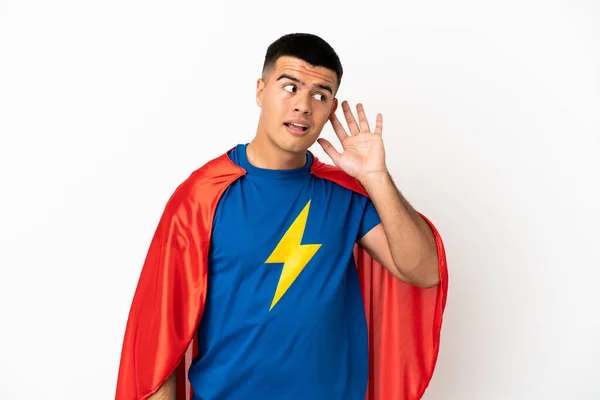 Super Herói Sobre Fundo Branco Isolado Ouvir Algo Colocando Mão — Fotografia de Stock