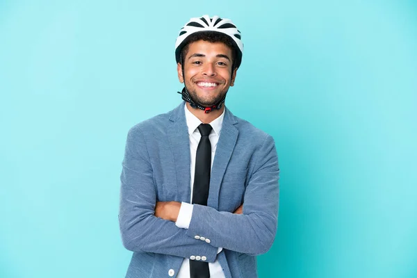 Молодий Бізнесмен Бразилії Шоломом Велосипеді Ізольований Синьому Фоні Тримаючи Руки — стокове фото