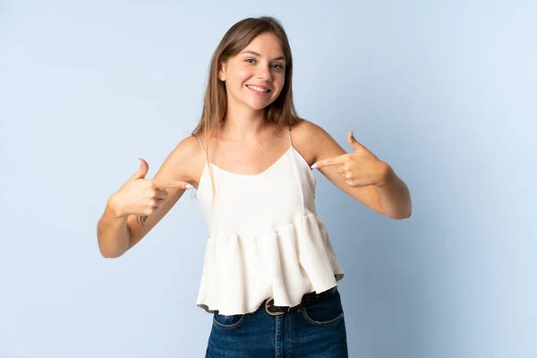 Young Lithuanian Woman Isolated Blue Background Proud Self Satisfied — Stock Photo, Image