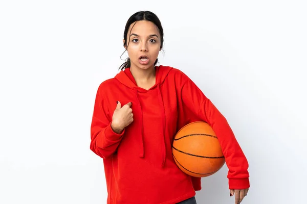 Young Woman Playing Basketball Isolated White Background Pointing Oneself — Stock Photo, Image