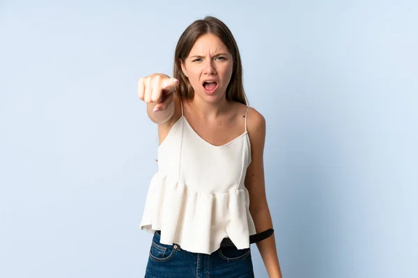 Young Lithuanian Woman Isolated Blue Background Frustrated Pointing Front — Stock Photo, Image