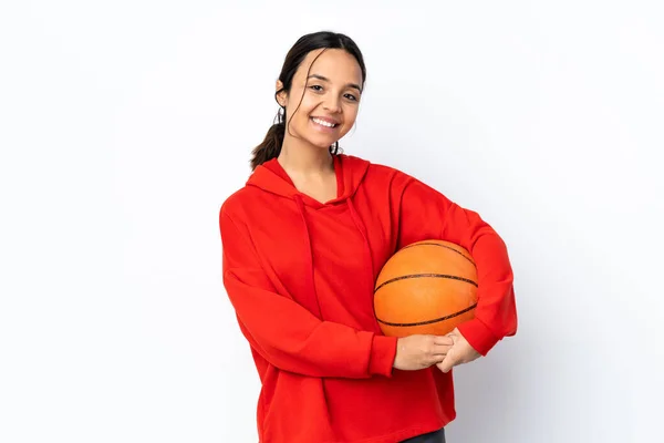 Jeune Femme Jouant Basket Sur Fond Blanc Isolé Gardant Les — Photo