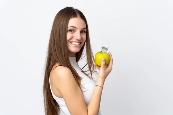 年轻的高加索女人用苹果和一瓶水隔离在白色的背景上 — 图库照片