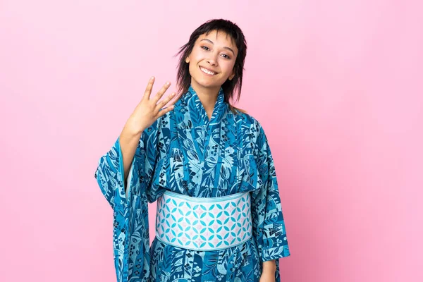 Mujer Joven Usando Kimono Sobre Fondo Azul Aislado Feliz Contando —  Fotos de Stock