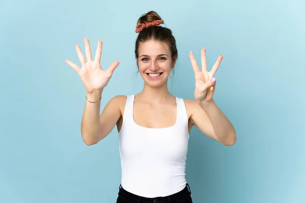 Young Caucasian Woman Isolated Blue Background Counting Eight Fingers — Stock Photo, Image