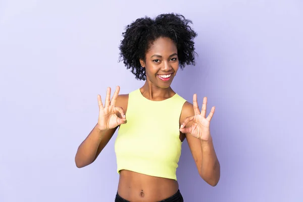 Young African American Woman Isolated Purple Background Showing Sign Two — Stock Photo, Image