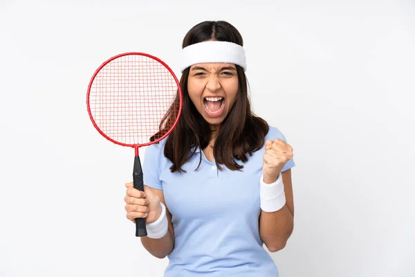 Jeune Joueuse Badminton Femme Sur Fond Blanc Isolé Célébrant Une — Photo