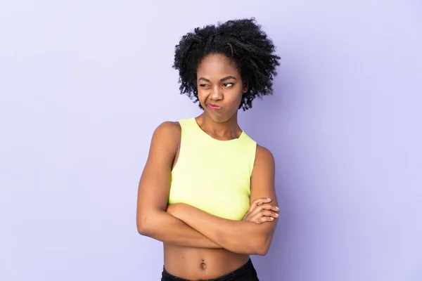 Young African American Woman Isolated Purple Background Unhappy Expression — Stock Photo, Image
