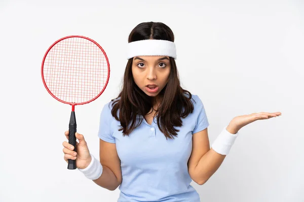 Joven Jugador Bádminton Mujer Sobre Fondo Blanco Aislado Haciendo Gesto — Foto de Stock