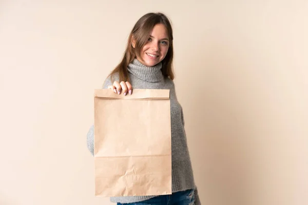 Young Lithuanian Woman Holding Grocery Shopping Bag Happy Expression — Stock Photo, Image