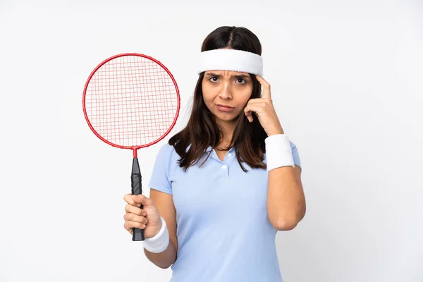 Young Badminton Player Woman Isolated White Background Thinking Idea — Stock Photo, Image