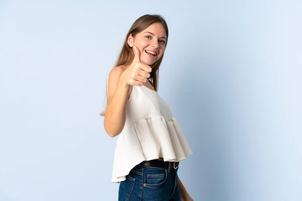 Young Lithuanian Woman Isolated Blue Background Smiling Showing Victory Sign — Stock Photo, Image