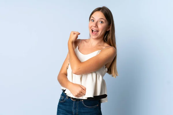 Young Lithuanian Woman Isolated Blue Background Celebrating Victory — Stock Photo, Image