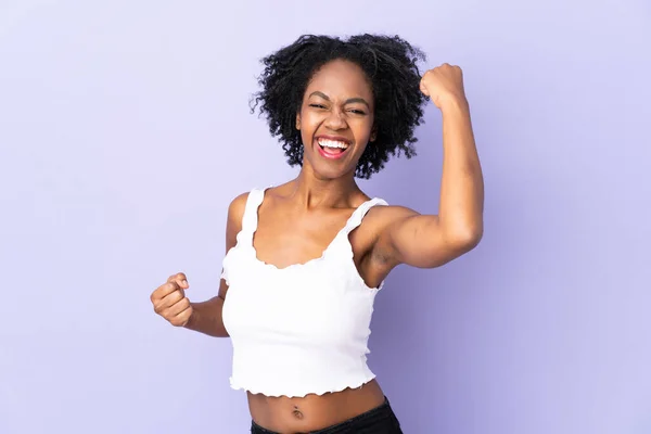 Young African American Woman Isolated Purple Background Celebrating Victory — Stock Photo, Image