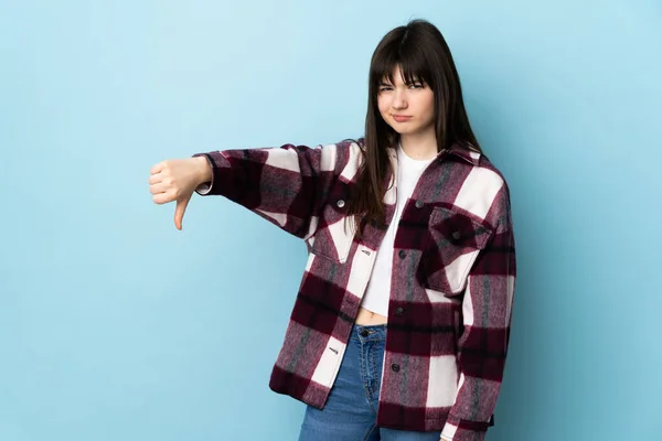 Teenager Ukrainian Girl Isolated Blue Background Showing Thumb Negative Expression — Stock Photo, Image