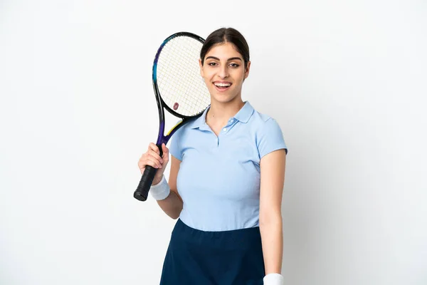 Jonge Kaukasische Vrouw Geïsoleerd Witte Achtergrond Spelen Tennis — Stockfoto